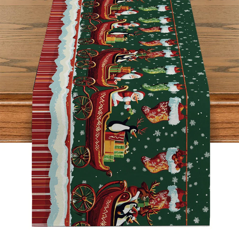 Axyaa Christmas Table Runner: Santa Deer Cart Presents Snowflakes Farmhouse Dining Decor