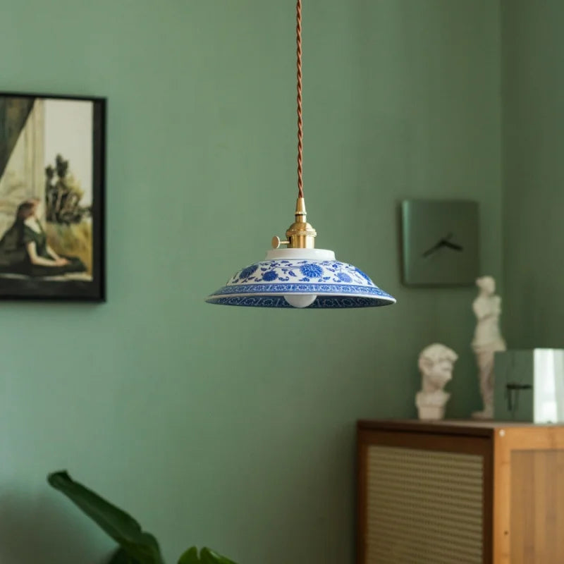 Axyaa White Blue Pattern Ceramic LED Pendant Lights - Japanese Style