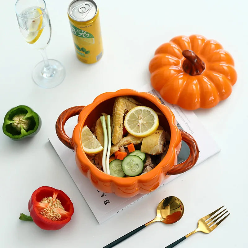 Axya Pumpkin Ceramic Hot Pot with Double Handles and Cover