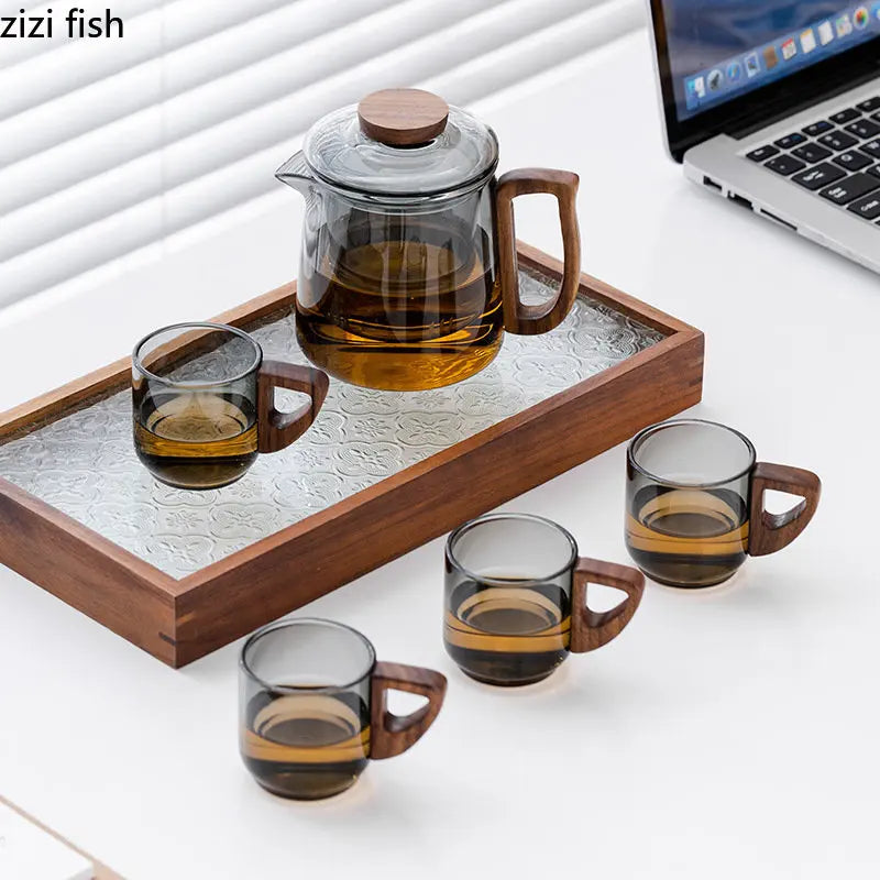 Axya Walnut Wood Glass Teapot Set Transparent Teacup Kungfu Tea Ceremony Set