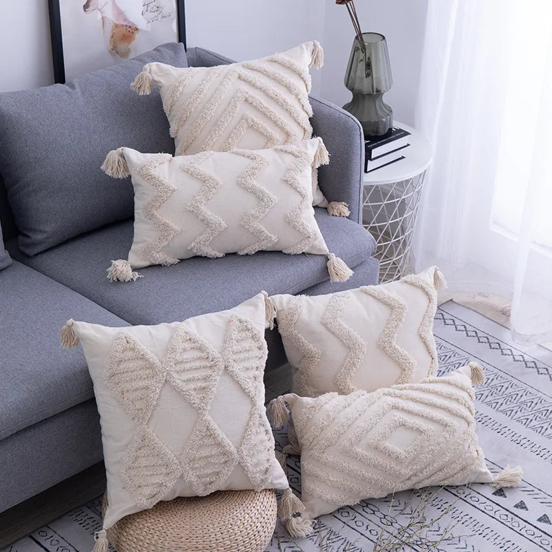 Axyaa Beige Boho Tufted Geometric Cushion Cover for Chic Home Decor