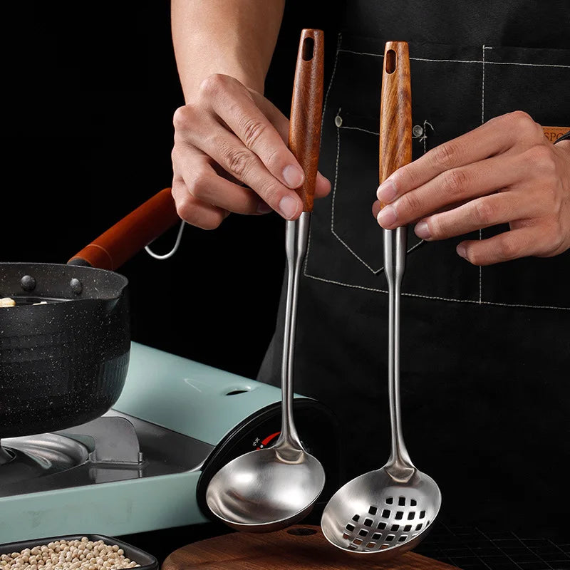 Axyaa Stainless Steel Wooden Handle Soup Spoon Colander Skimmer - Kitchen Tableware