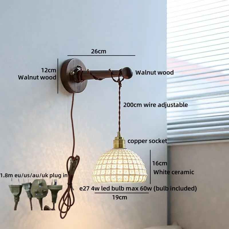 Axyaa White Ceramic LED Wall Lamps with Black Walnut Wood Pull Chain Switch