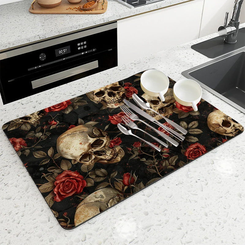 Axyaa Plant Skull Rose Absorbent Kitchen Mat