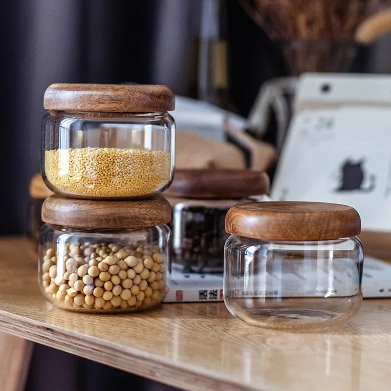 Axya Acacia Wood Glass Storage Jar for Tea, Snacks, and Grains