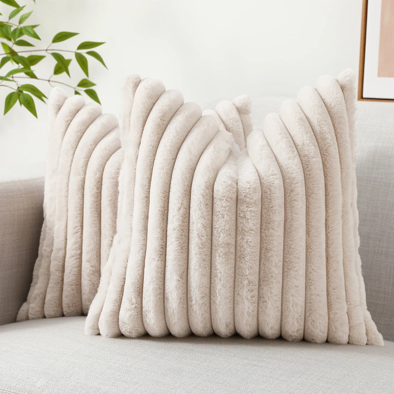 Axyaa 16x16 Faux Fur Striped Pillow Covers 2pcs - Soft Plush Velvet Back