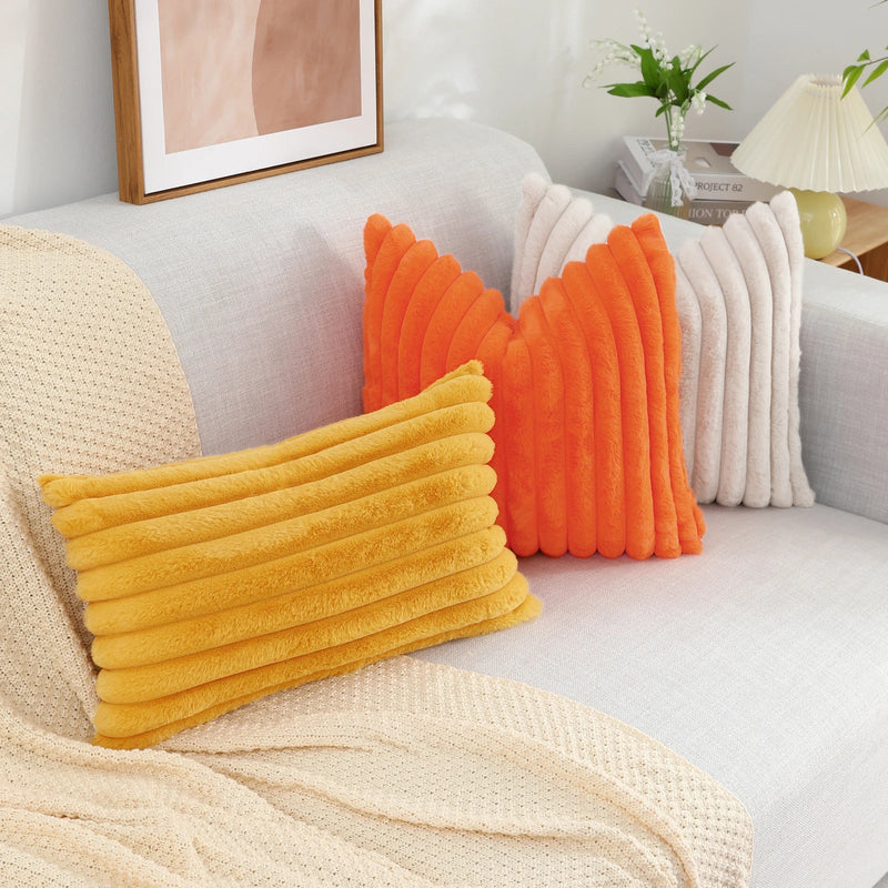 Axyaa 16x16 Faux Fur Striped Pillow Covers 2pcs - Soft Plush Velvet Back