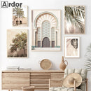 Morocco Architecture Islamic Canvas Art Print with Beige Flower Palm Tree Painting - Axyaa