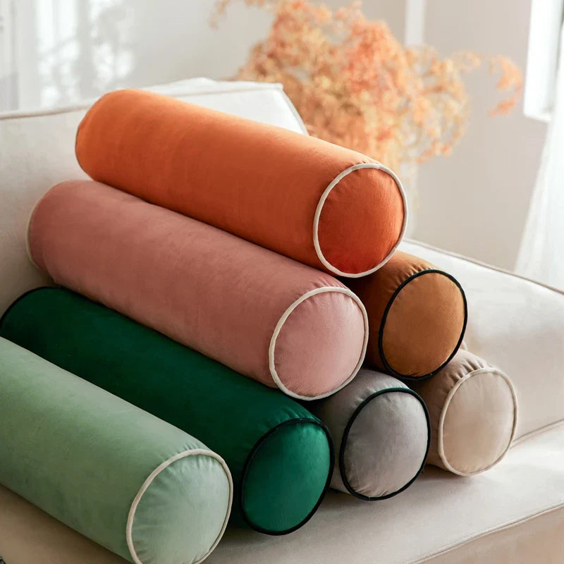 Axyaa Velvet Bolster Pillow - Corded Edge, Removable Cover - Cylindrical Neck Roll - 17.5x56cm
