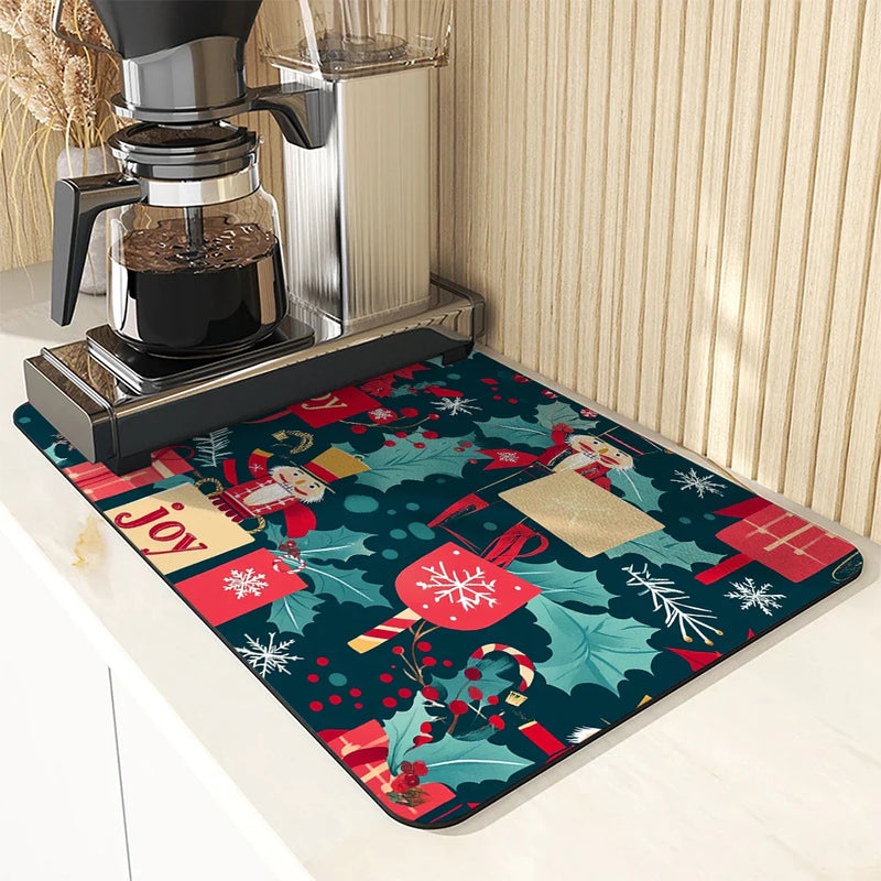 Axyaa Christmas Holly Absorbent Dry Mat for Dishes and Cups