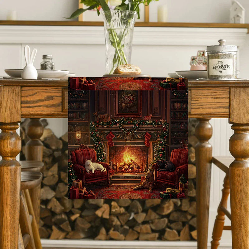 Axyaa Christmas Cat Fireplace Bow Table Runner for Kitchen Holiday Party Decor