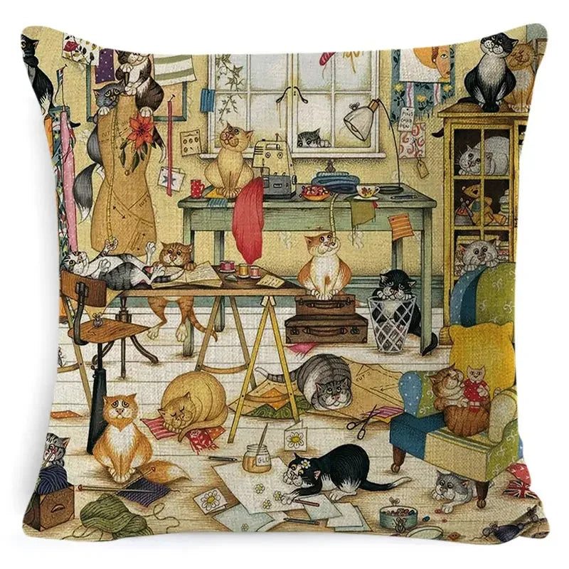 Cute Cat Pattern Linen Cushion Cover by Axyaa for Home Decor