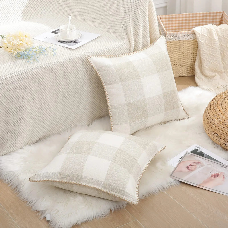 Axyaa Plush Check Throw Pillow Covers Set of 2 Cream White