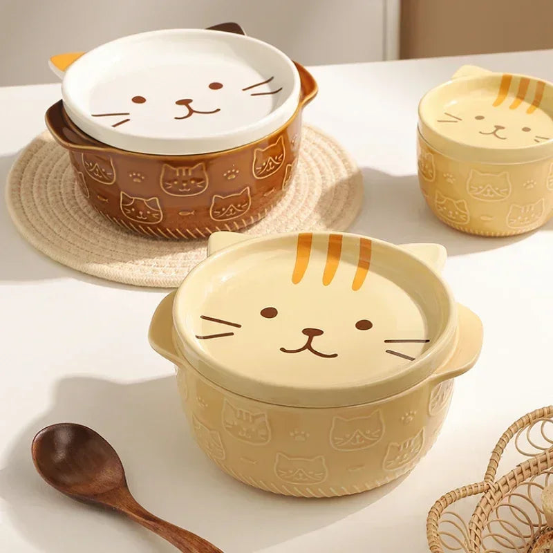 Axya Ceramic Cat Dog Noodle Bowls With Lids - Cute Animal Soup Salad Fruit Bowl