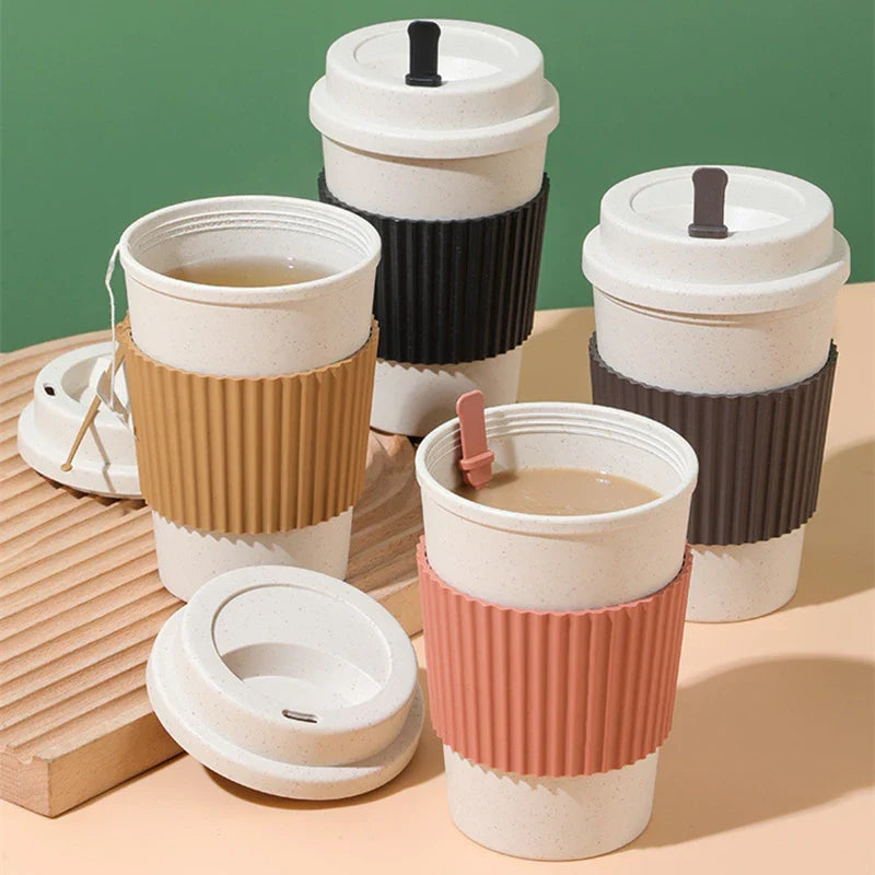 Axyaa Reusable Wheat Straw Coffee Cup With Lid 450ml - Portable & Dishwasher Safe