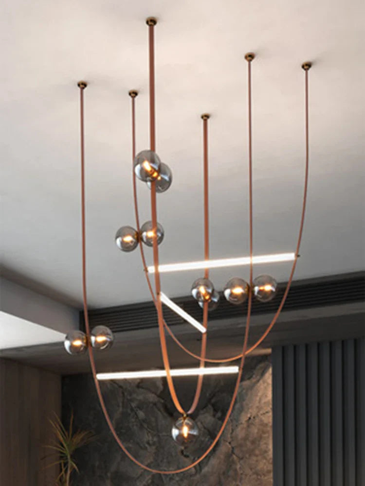 Axyaa Modern Italian Leather Pendant Lamps Minimalist Glass Ball Chandelier for Villas and Duplexes