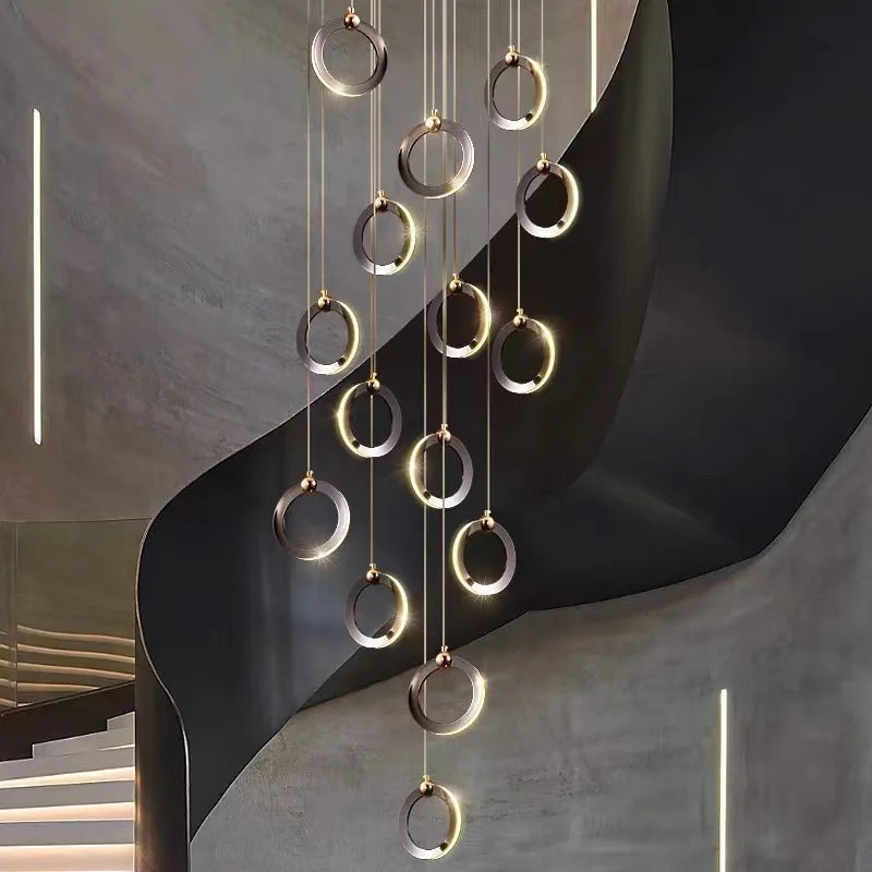 Axyaa Crystal LED Chandelier for Staircase - Minimalist Aluminum Rings, Luxury Round Hanging Lamps