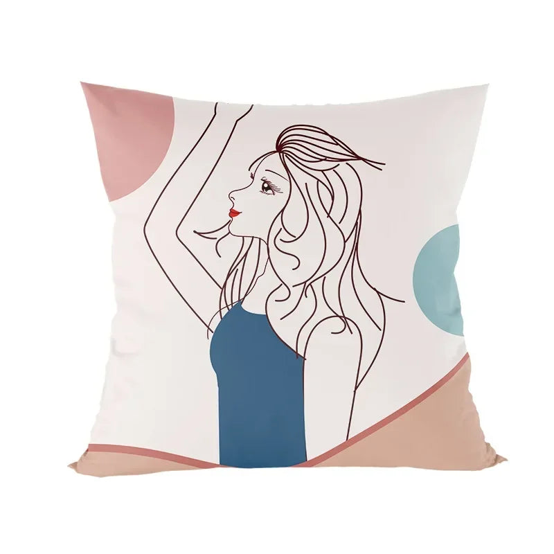 Abstract Line Drawing Girls Print Cushion Cover 45x45cm by Axyaa