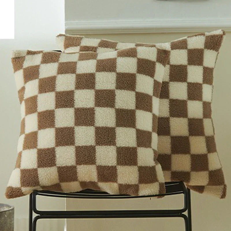 Axyaa Plaid Faux Fur Wool Throw Pillow Cover for Home Decor