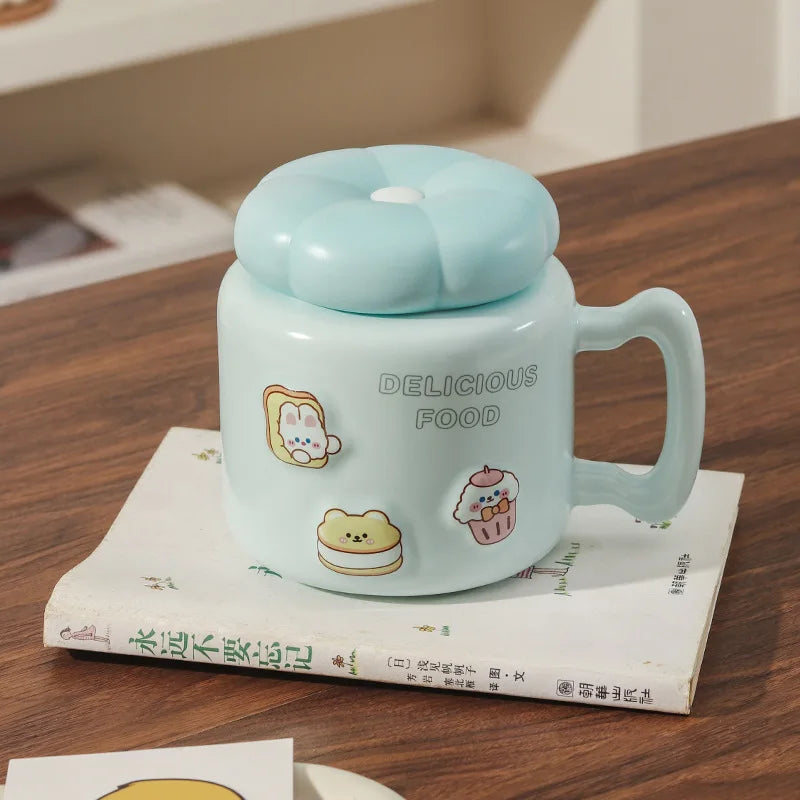 Axyaa Cartoon Ceramic Breakfast Coffee Mug with Lid for Home and Office