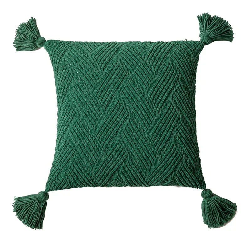 Axyaa Twill Knit Cushion Cover 45x45cm - Solid Pillow Case with Tassels