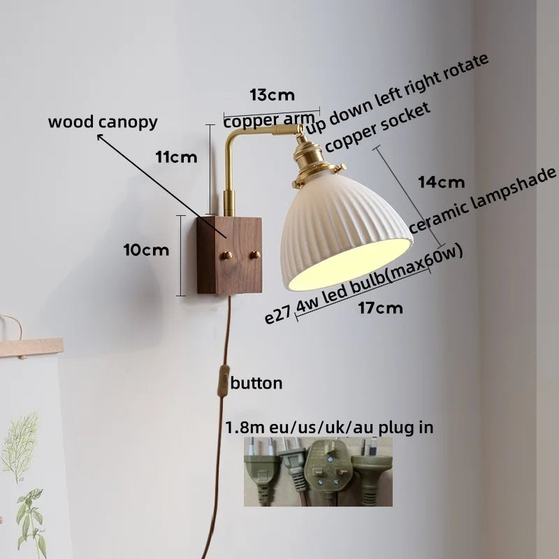 Axyaa Ceramic Copper LED Wall Lamps with Pull Chain Switch for Home Decor