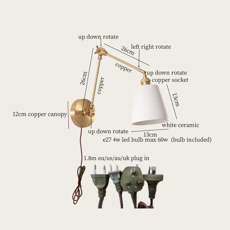 Axyaa Ceramic LED Wall Lamp Pull Chain Switch Nordic Copper Wandlamp