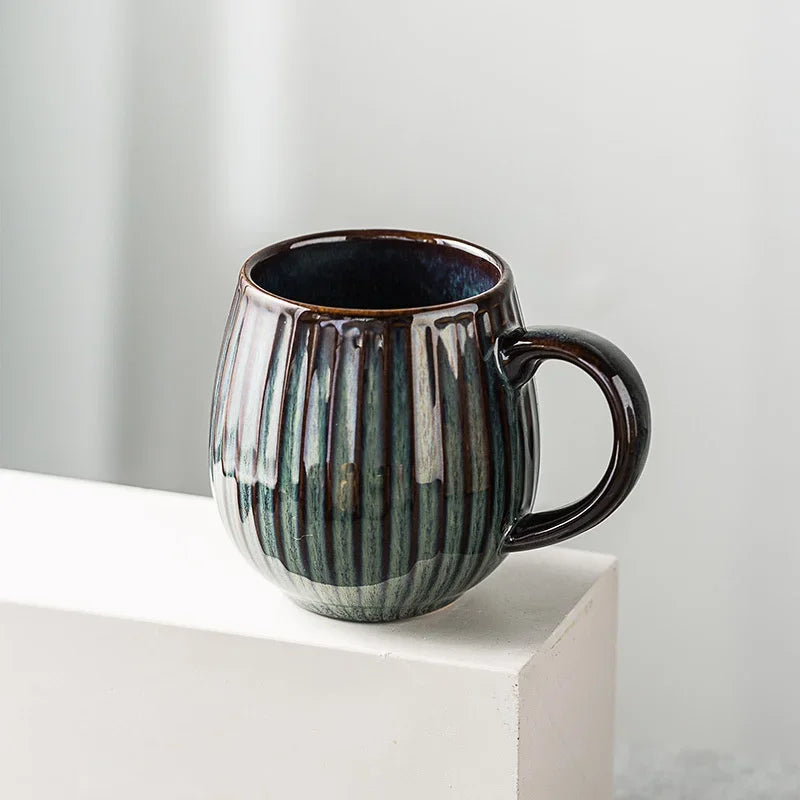 Axyaa Ceramic Vertical Pattern Coffee Mug, Japanese Style, Large Capacity, Retro Design