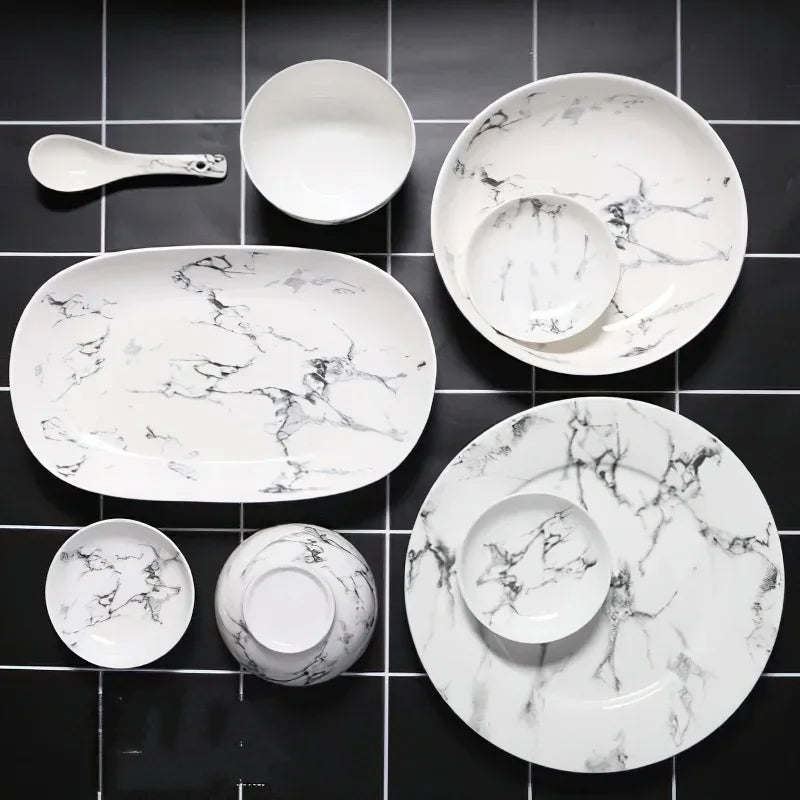 Axya Nordic Marbling Ceramics Cutlery Set - Round Oval Plate Bowl Spoon Pot Kitchen Tableware