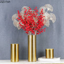 Axyaa Gold Brass Cylinder Vase Artificial Flowers Decor Desk Decoration Minimalism Metal Vases