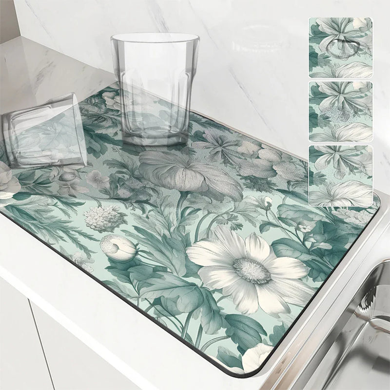 Axyaa Non-Slip Drying Mat for Kitchen Counter, Absorbent Plant Leaf Design