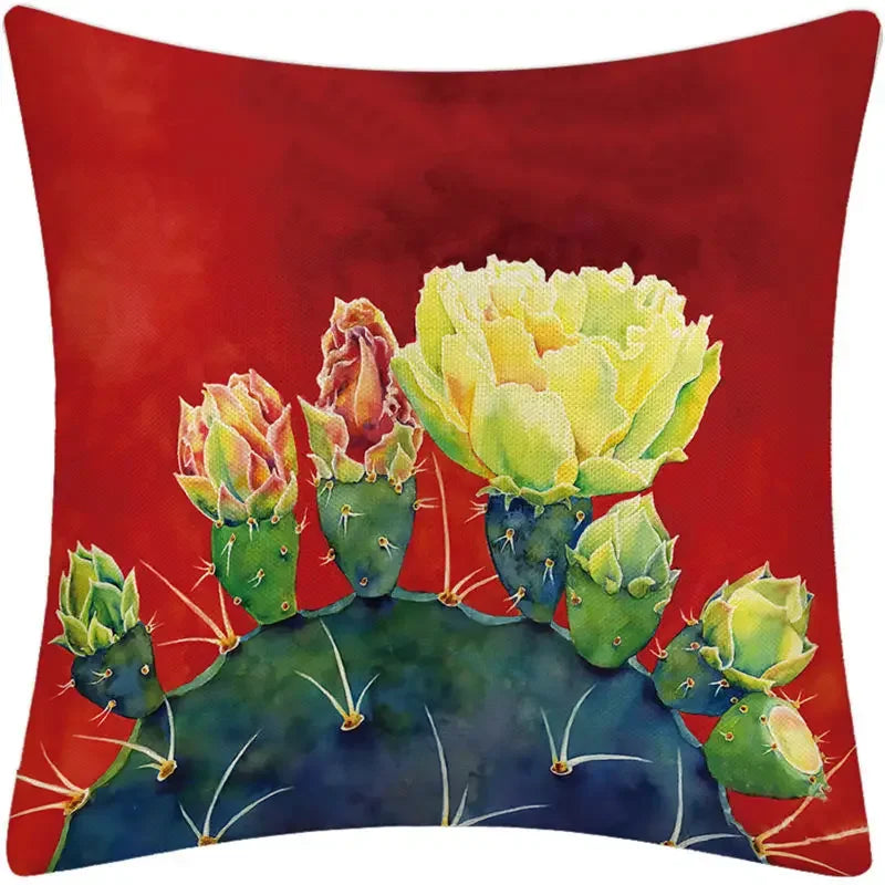 Luxurious Axyaa Succulent Cactus Flower Printed Linen Throw Pillow Case
