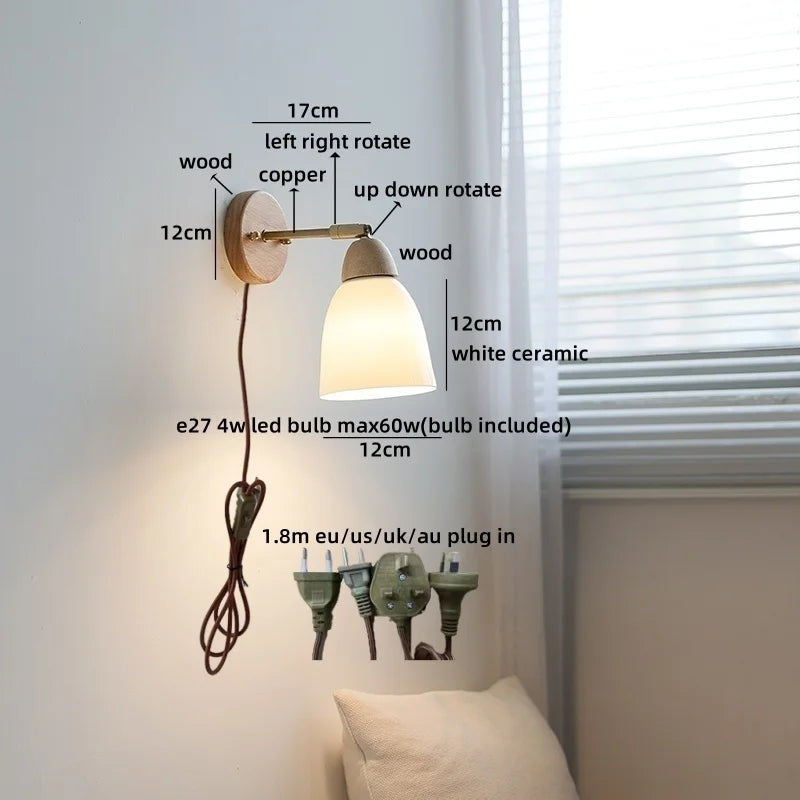 Axyaa White Ceramic LED Wall Sconce – Wooden Socket Stair Wall Light