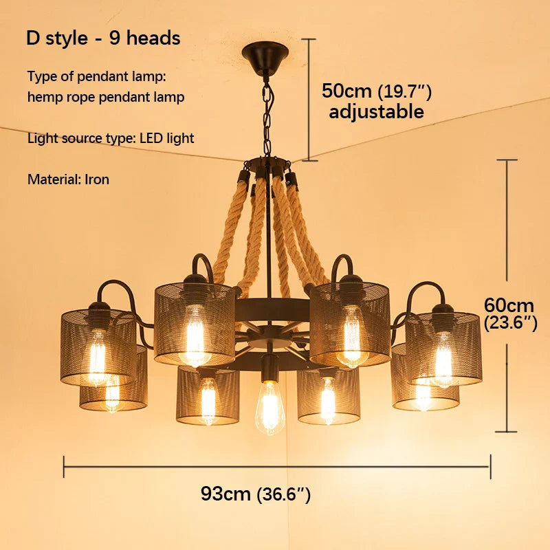 Axyaa Retrohemp Rope Chandelier, Industrial Style Pendant for Home & Restaurant