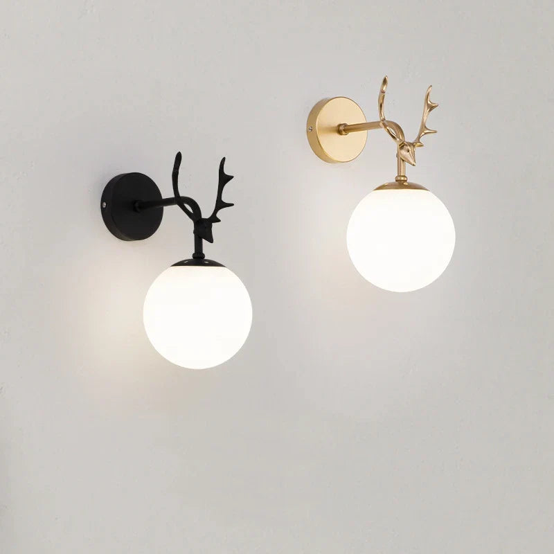 Retro Antlers Glass Ball Wall Lamp for Background Corridor with LED Lighting Night Light