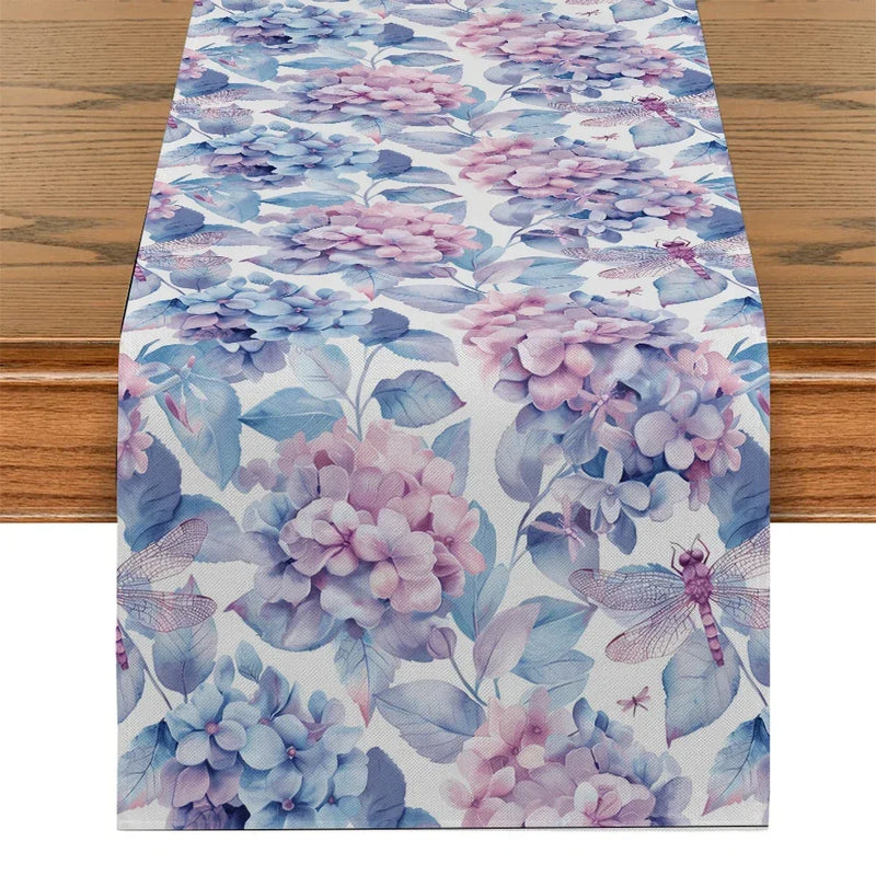 Hydrangea Dragonfly Butterfly Table Runner by Axyaa for Kitchen Dining Living Room