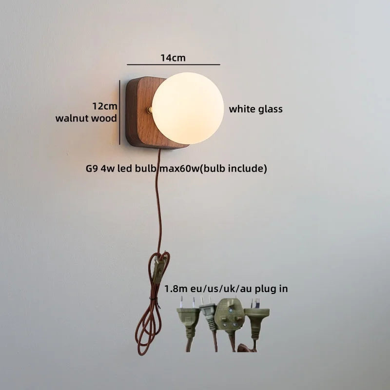 Axyaa Walnut Wood Glass Wall Lamp - Spherical Indoor Light for Living Room, Bathroom & Stairs