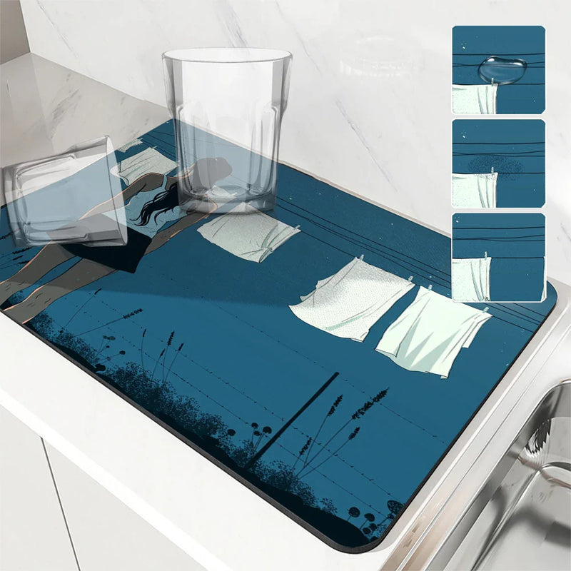 Axyaa Clothesline Art Drying Mat: Non-Slip Absorbent Tableware Mat for Kitchen Counter