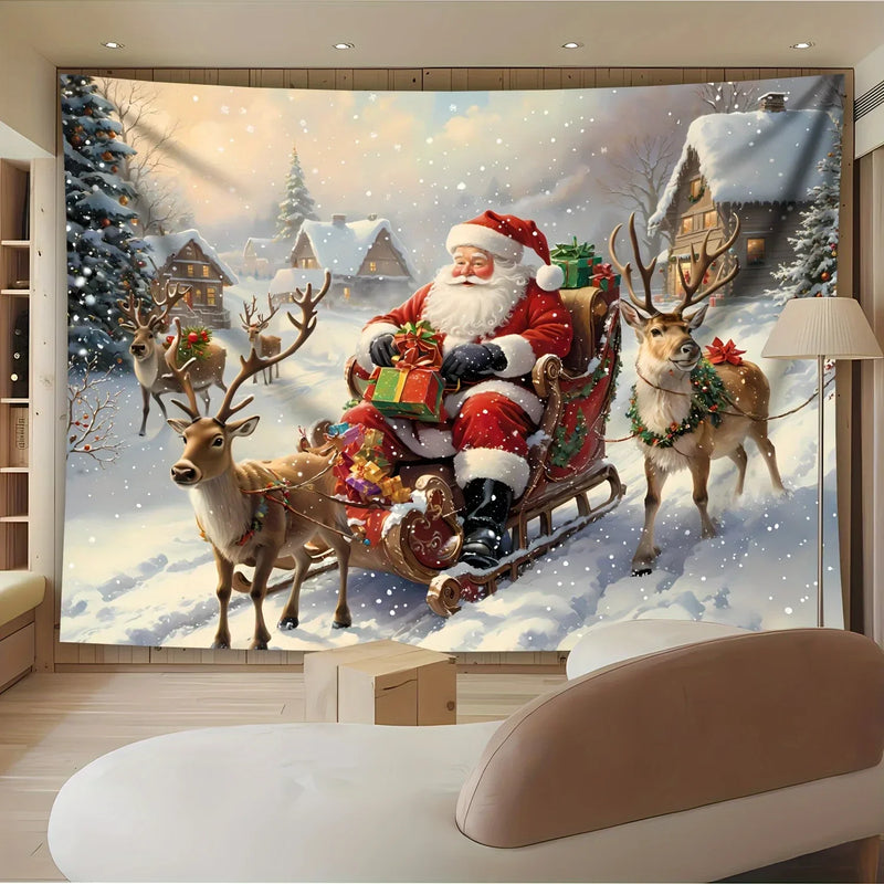 Axyaa Christmas Day Party Decoration Background Cloth: Santa Claus and Reindeer Hanging Fabric