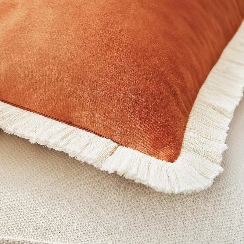 Axyaa Velvet Decorative Pillow Cover with Tassels - Orange/Ivory/Green - 18x18/20x20/24x24