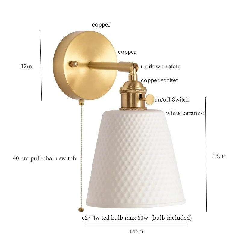 Axyaa Ceramic LED Wall Sconce with Pull Chain for Home Decor