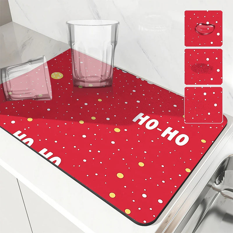 Axyaa Christmas Polka Absorbent Kitchen Mat, Antiskid & Quick Dry Dish Drying Pad