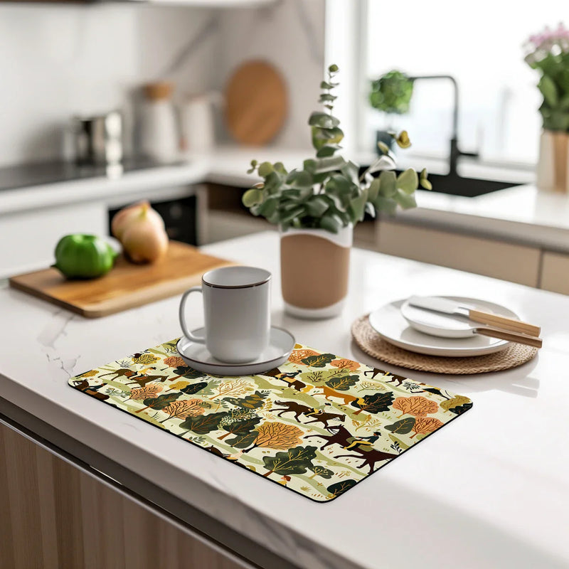 Axyaa Watercolor Plant Branches Drying Mat - Non-Slip Absorbent Tableware Counter Mat