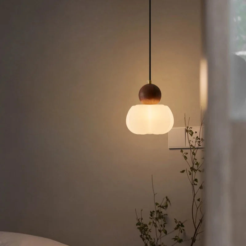 Axyaa Nordic LED Pendant Chandelier with White Lampshade and Wood Finish