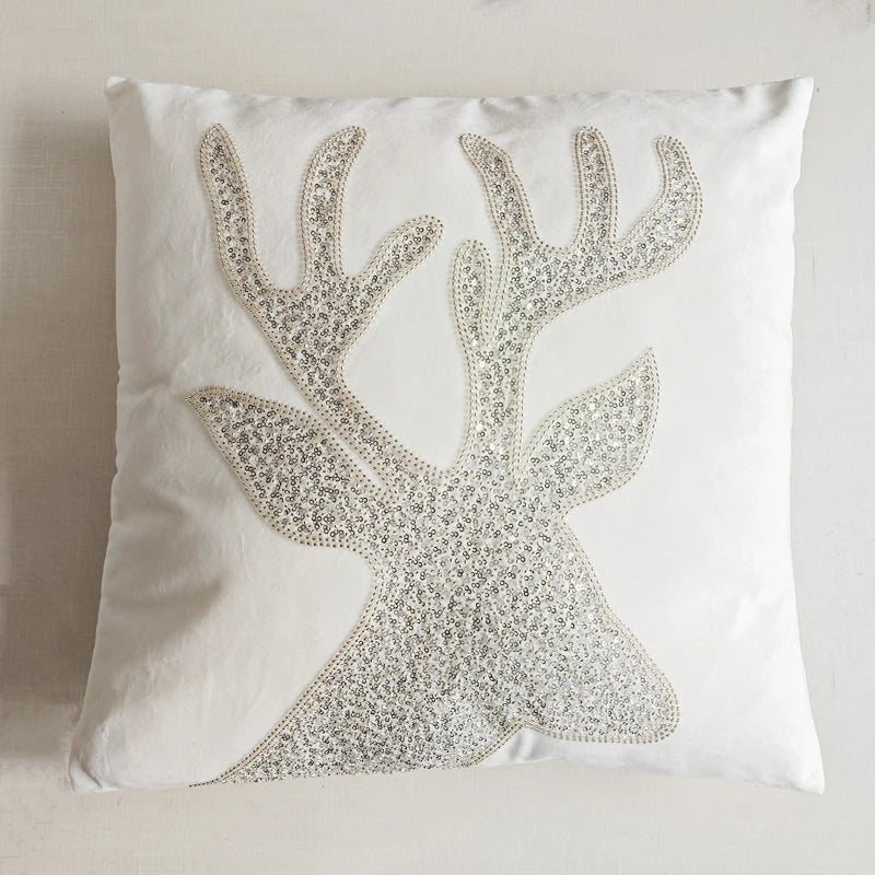 Grey Deer Christmas Tree Embroidered Cushion Cover by Axyaa – Cozy Living Room Decor