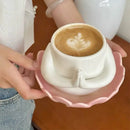 Axyaa Lotus Ceramic Coffee Cup and Saucer Set, White Floral Design Mug and Plate