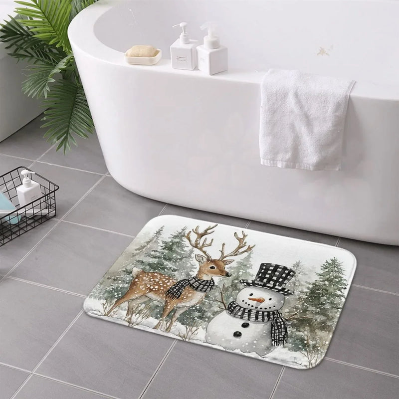 Axyaa Snowman & Fawn Printed Non-Slip Floor Mat for Home Décor