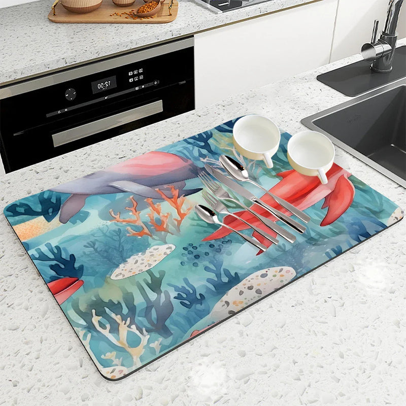 Axyaa Marine Whales Desk Drain Pad, Heat Resistant Non-slip Kitchen Drying Mat