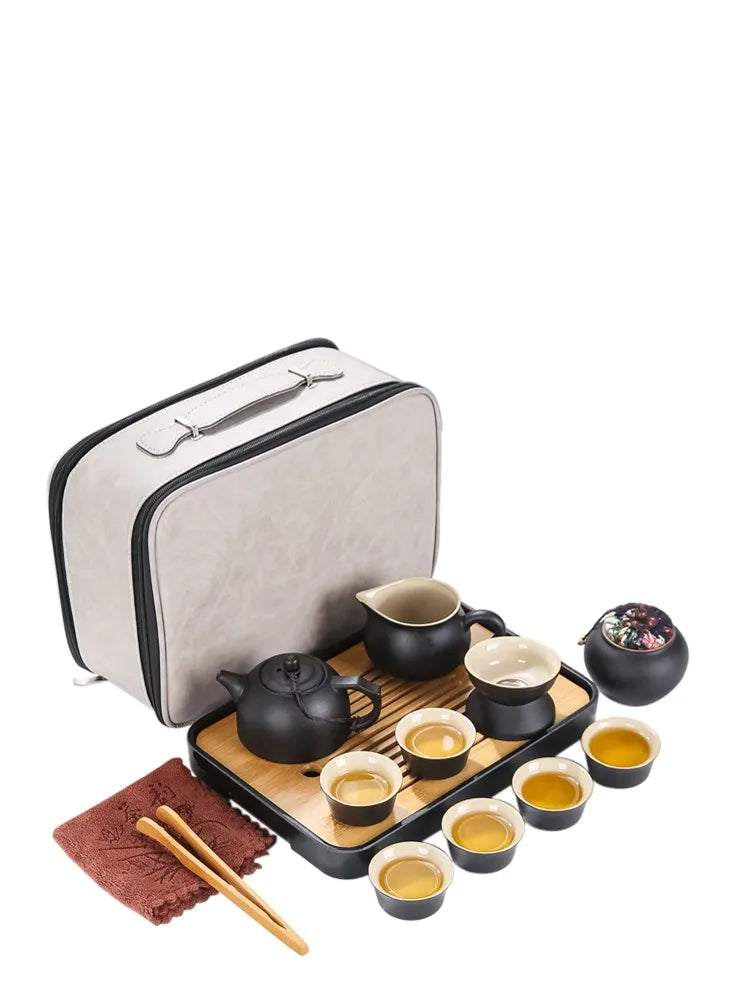 Axya Kung Fu Tea Set with Porcelain Teapot and Bamboo Tray