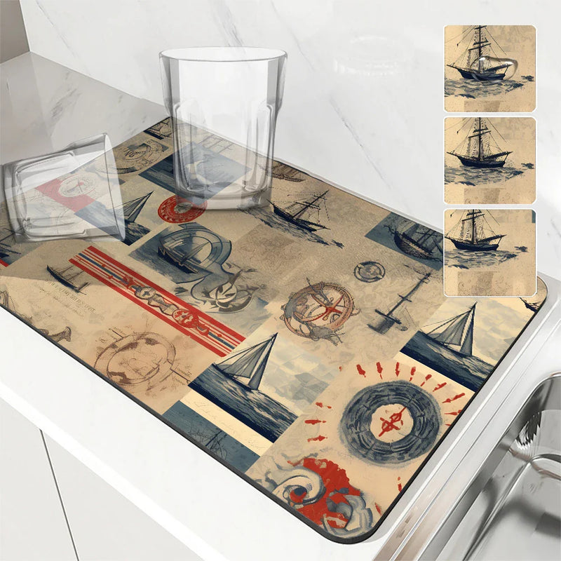 Axyaa Sailboat Kitchen Drying Mat: Absorbent, Anti-Slip Table Placemat